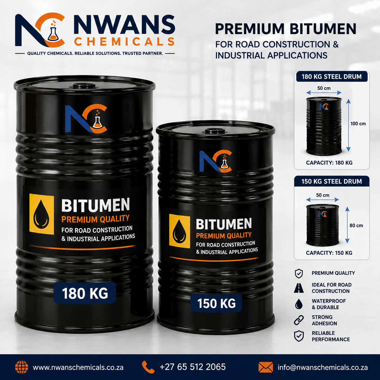 Bitumen for Sale in 180 kg and 150 kg Steel Drums Nwans Chemicals South Africa