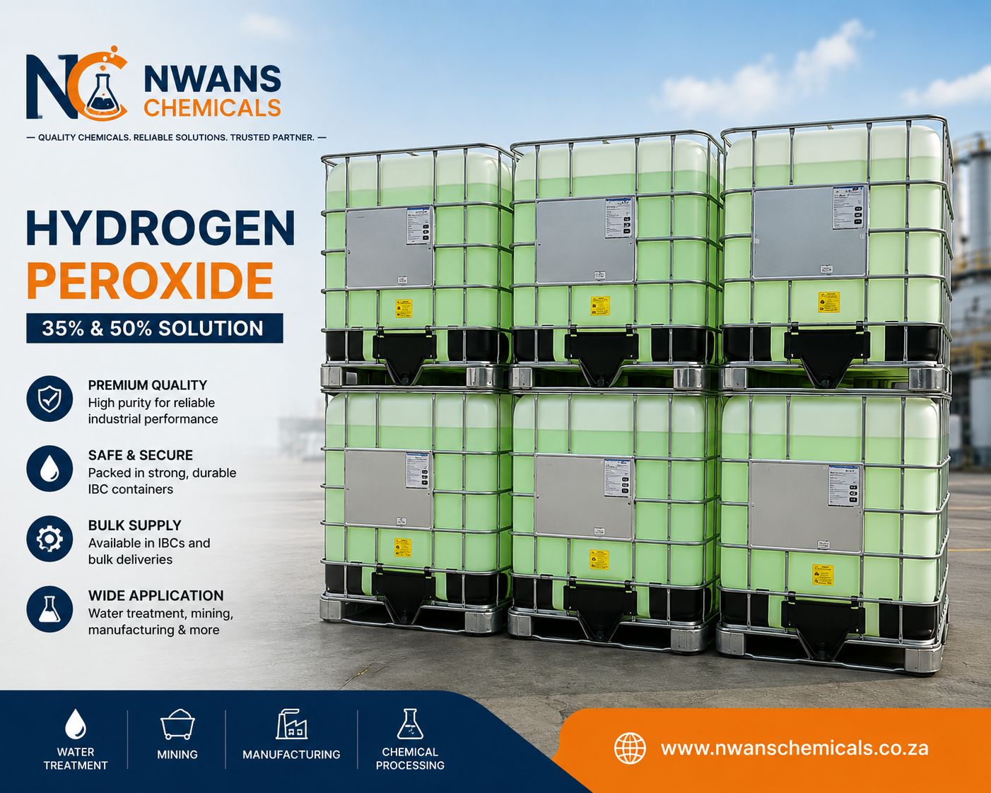 Bulk Hydrogen Peroxide 35% & 50% Supplier in South Africa – Nwans Chemicals