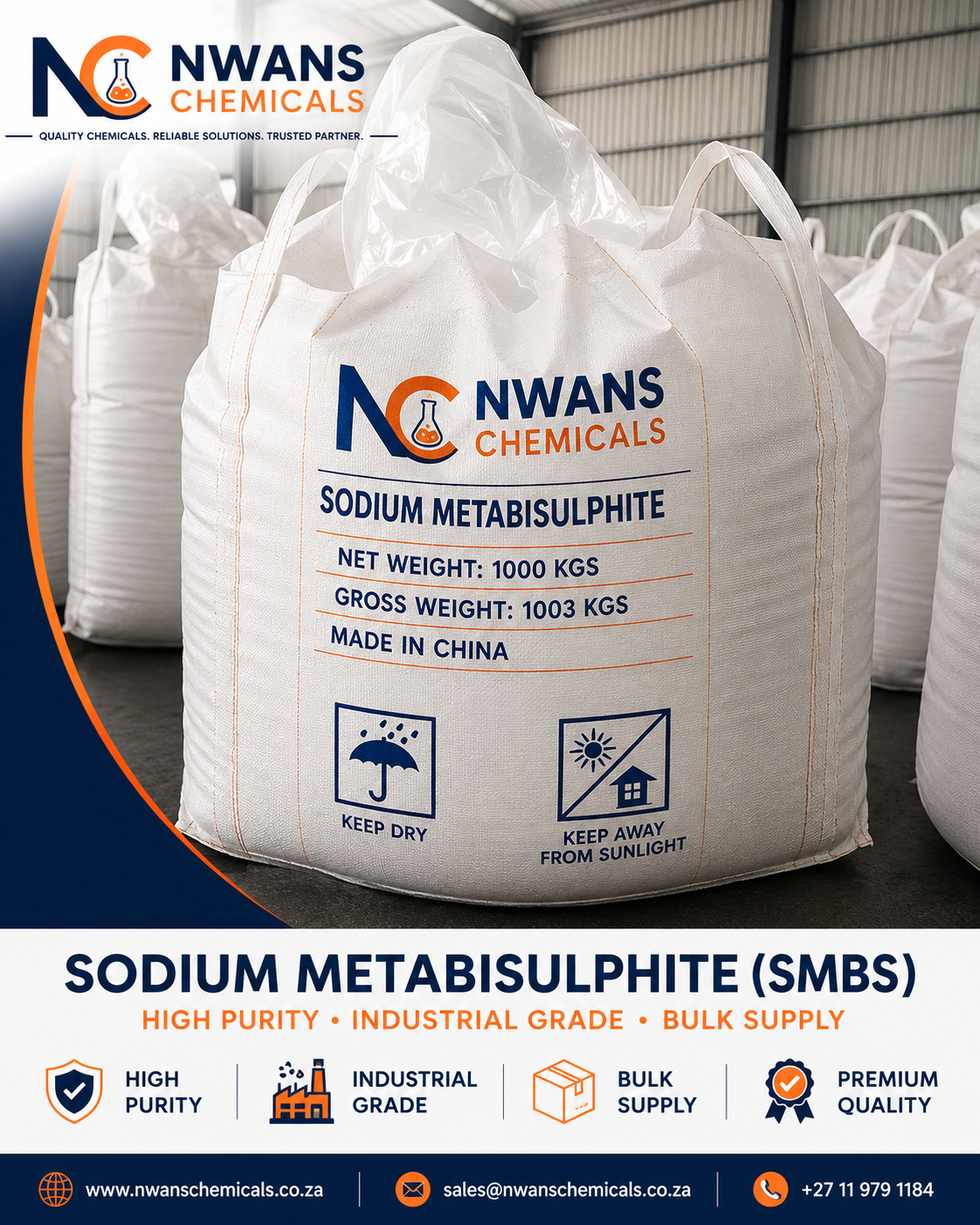 Industrial Sodium Metabisulphite Supplier Branded Bulk SMBS Packaging Nwans Chemicals