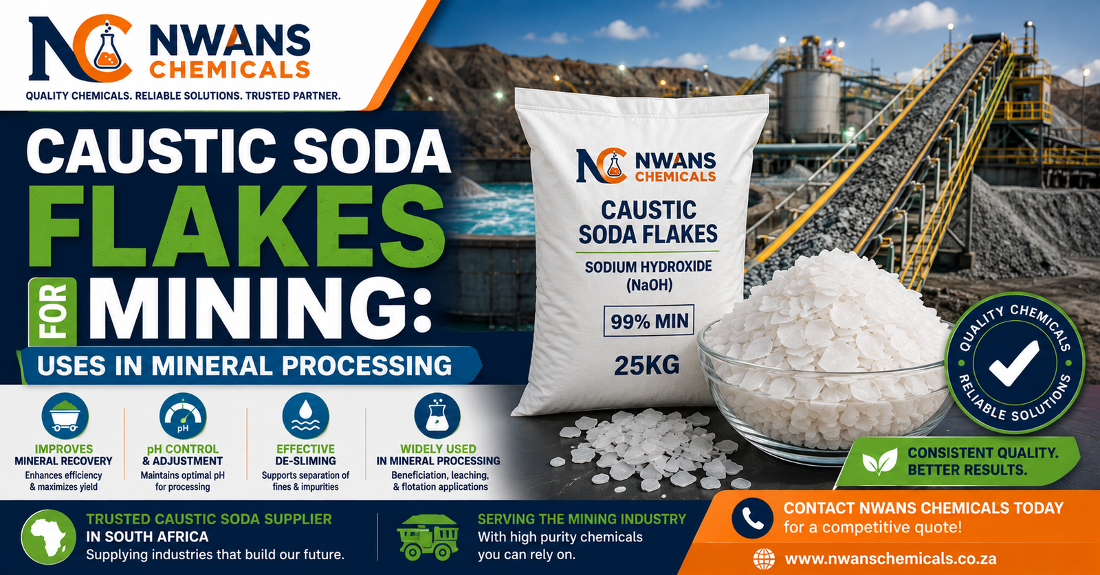 Caustic Soda Flakes for Mining Uses in Mineral Processing - Nwans Chemicals