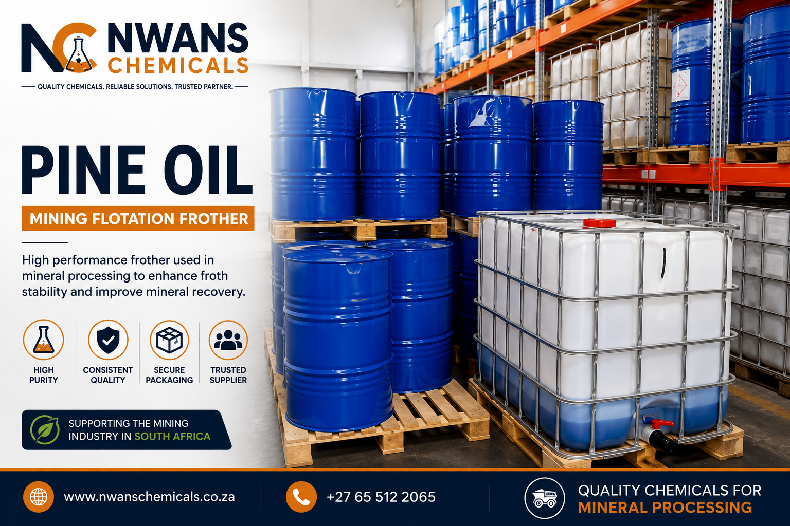 Pine Oil for mineral processing supplied in bulk IBC containers