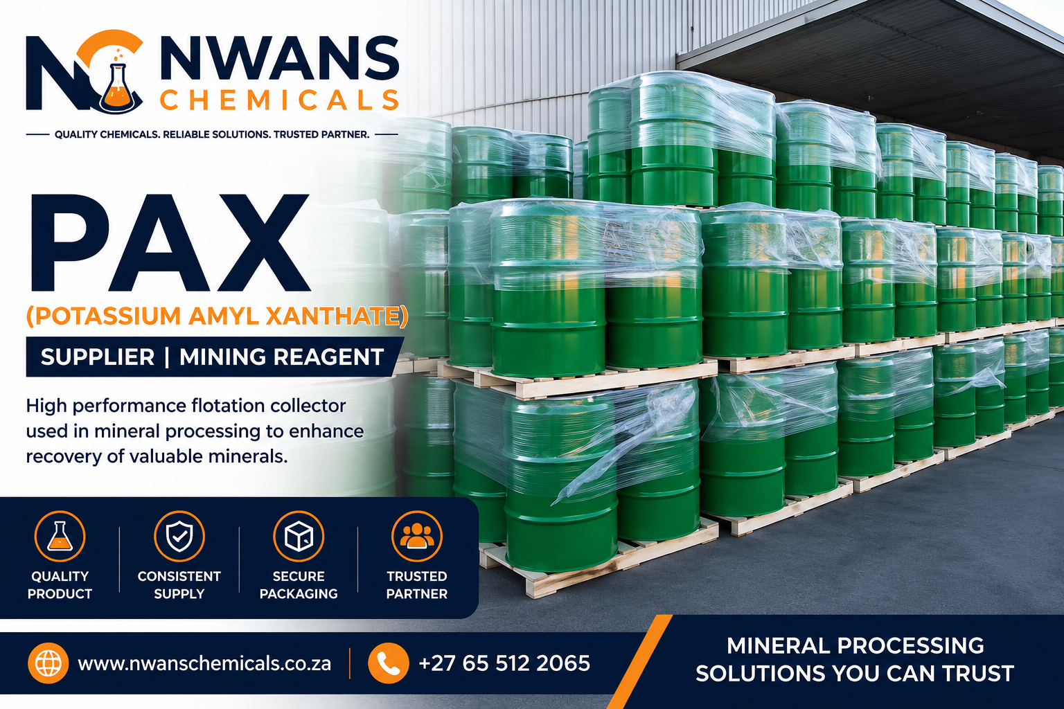 PAX flotation reagent supplied in industrial drums for mineral processing